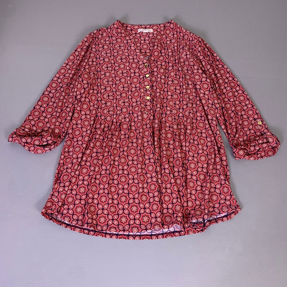 CJ Banks Henley Tunic Blouse Women's 1X Red Medallion Print 3/4 Roll Tab‎ Sleeve